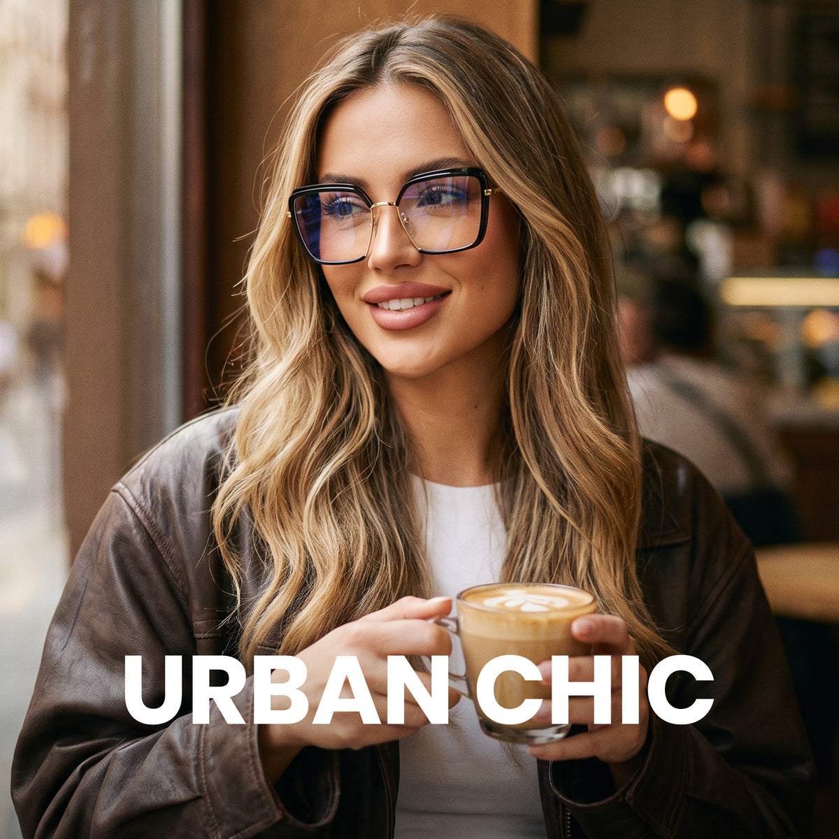 Glossy black oversized photochromic blue light glasses, gold metal temples, white to tea lens
