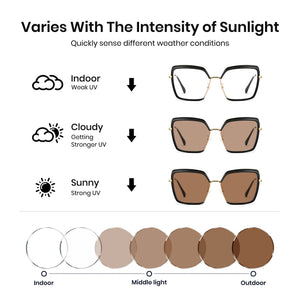 Glossy black oversized photochromic blue light glasses, gold metal temples, white to tea lens