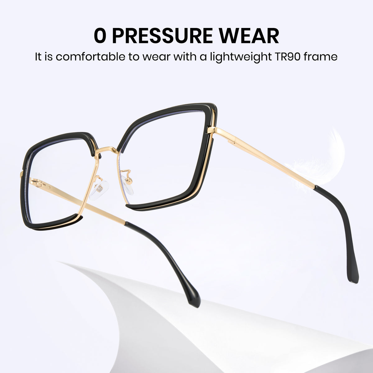 Glossy black oversized photochromic blue light glasses, gold metal temples, white to tea lens