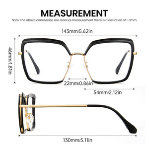 Glossy black oversized photochromic blue light glasses, gold metal temples, white to tea lens