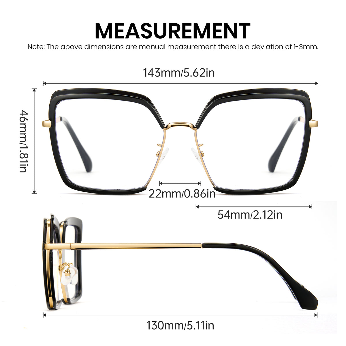 Glossy black oversized photochromic blue light glasses, gold metal temples, white to tea lens