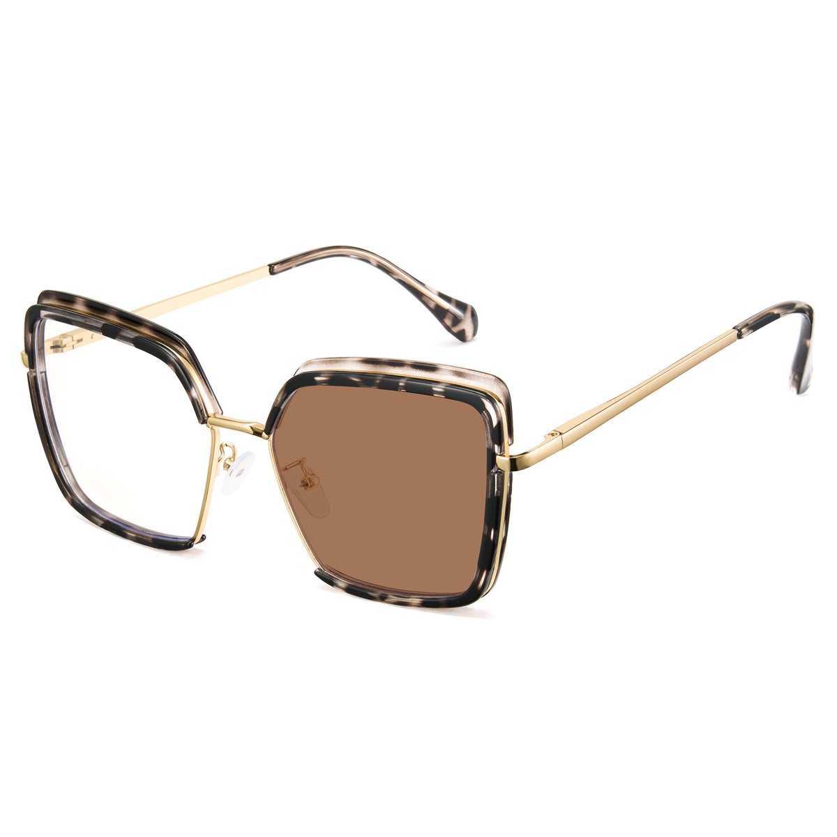 Tortoise oversized photochromic eyewear, gold metal arms, blue light blocking square frame