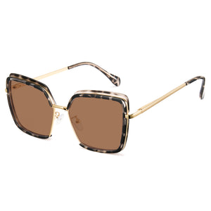 Tortoise oversized photochromic eyewear, gold metal arms, blue light blocking square frame