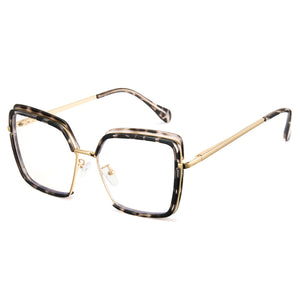 Tortoise oversized photochromic eyewear, gold metal arms, blue light blocking square frame
