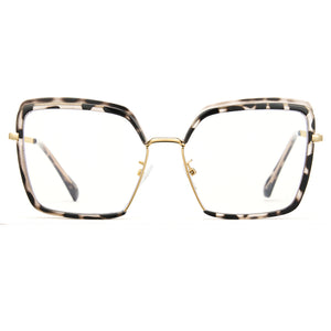 Tortoise oversized photochromic eyewear, gold metal arms, blue light blocking square frame