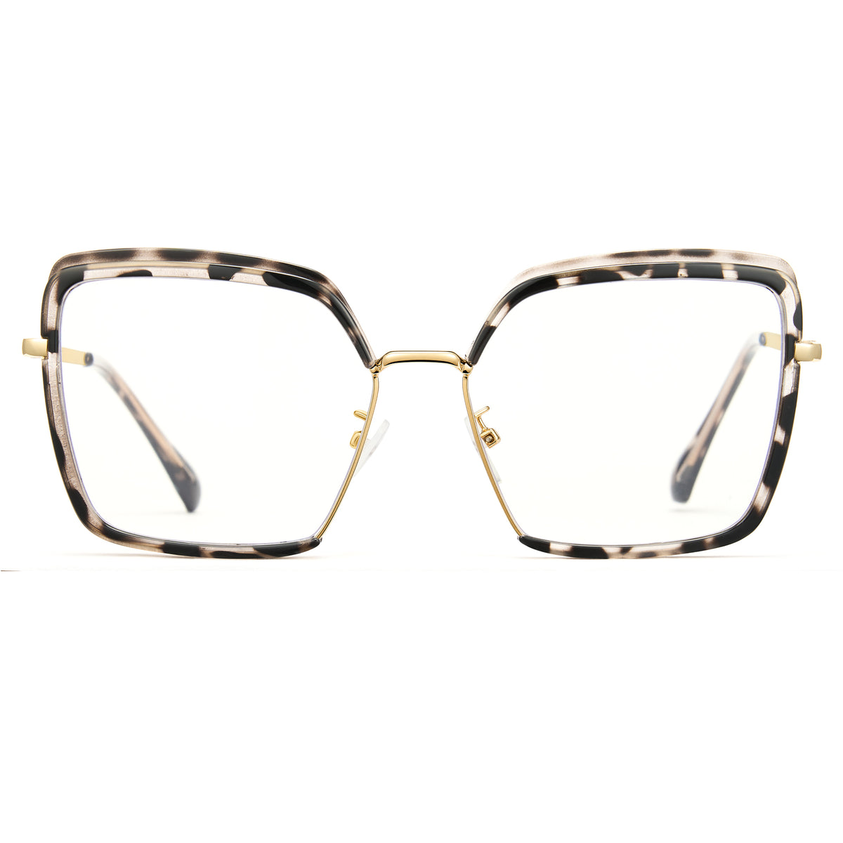 Tortoise oversized photochromic eyewear, gold metal arms, blue light blocking square frame