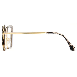 Tortoise oversized photochromic eyewear, gold metal arms, blue light blocking square frame