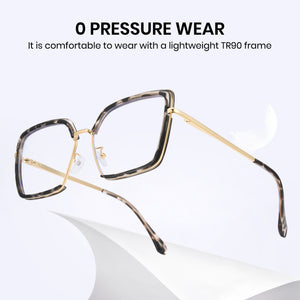 Tortoise oversized photochromic eyewear, gold metal arms, blue light blocking square frame