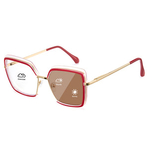 Red oversized photochromic blue light glasses, gold temples, TR90 square frame