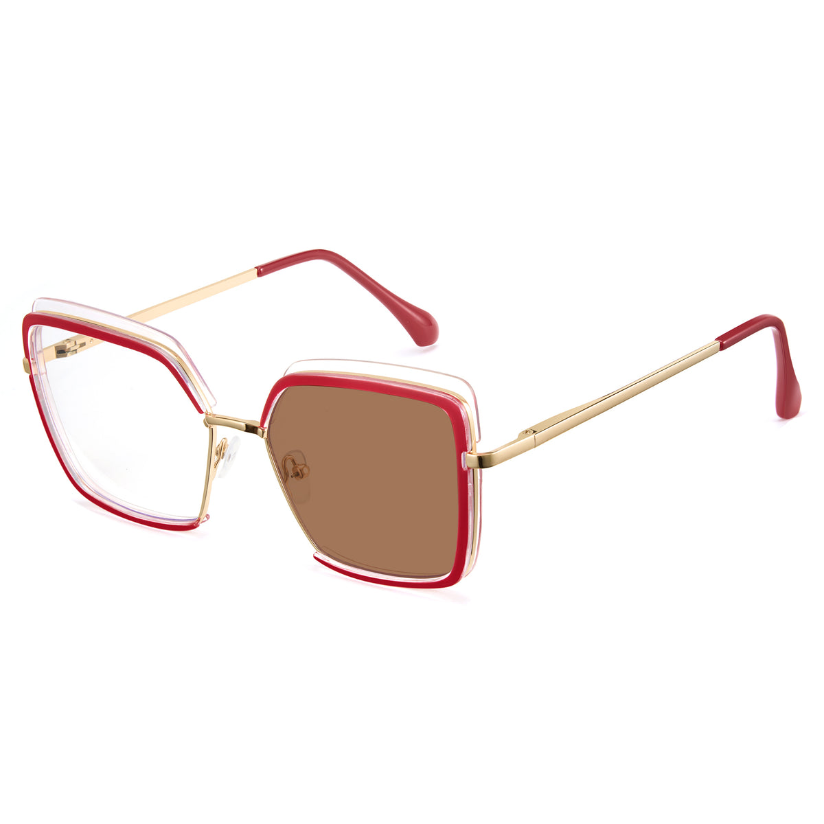 Red oversized photochromic blue light glasses, gold temples, TR90 square frame
