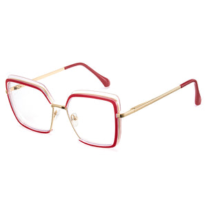Red oversized photochromic blue light glasses, gold temples, TR90 square frame