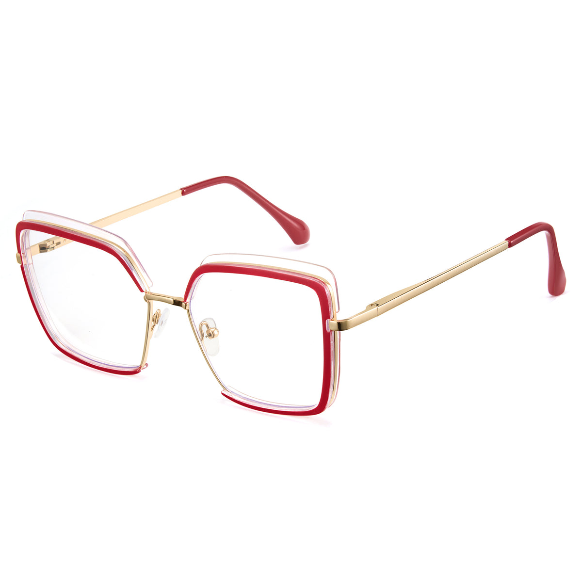 Red oversized photochromic blue light glasses, gold temples, TR90 square frame