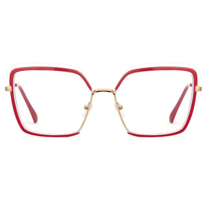 Red oversized photochromic blue light glasses, gold temples, TR90 square frame
