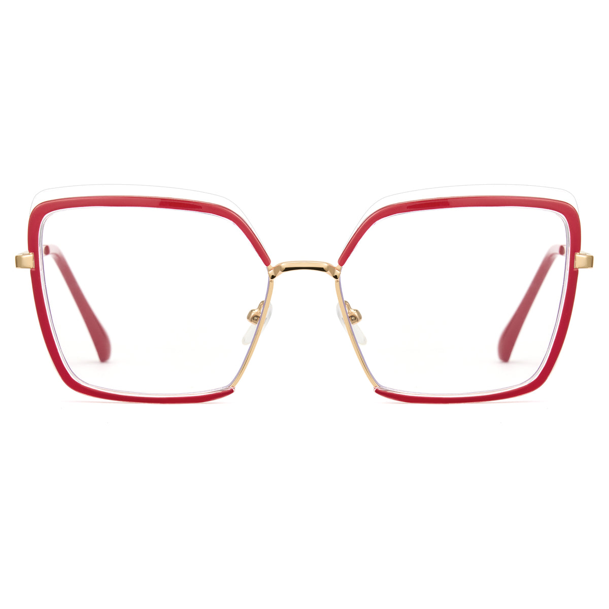 Red oversized photochromic blue light glasses, gold temples, TR90 square frame
