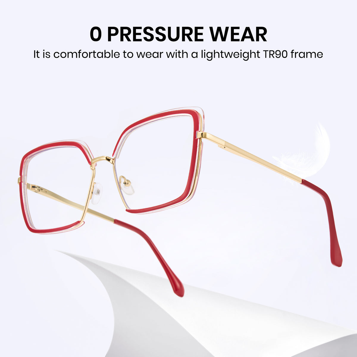 Red oversized photochromic blue light glasses, gold temples, TR90 square frame
