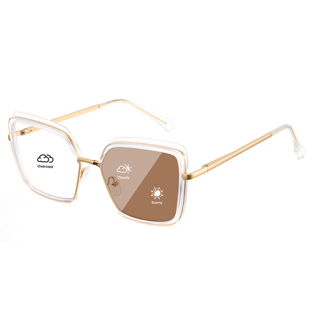 Transparent oversized photochromic glasses, gold metal temples, clear to tea lens