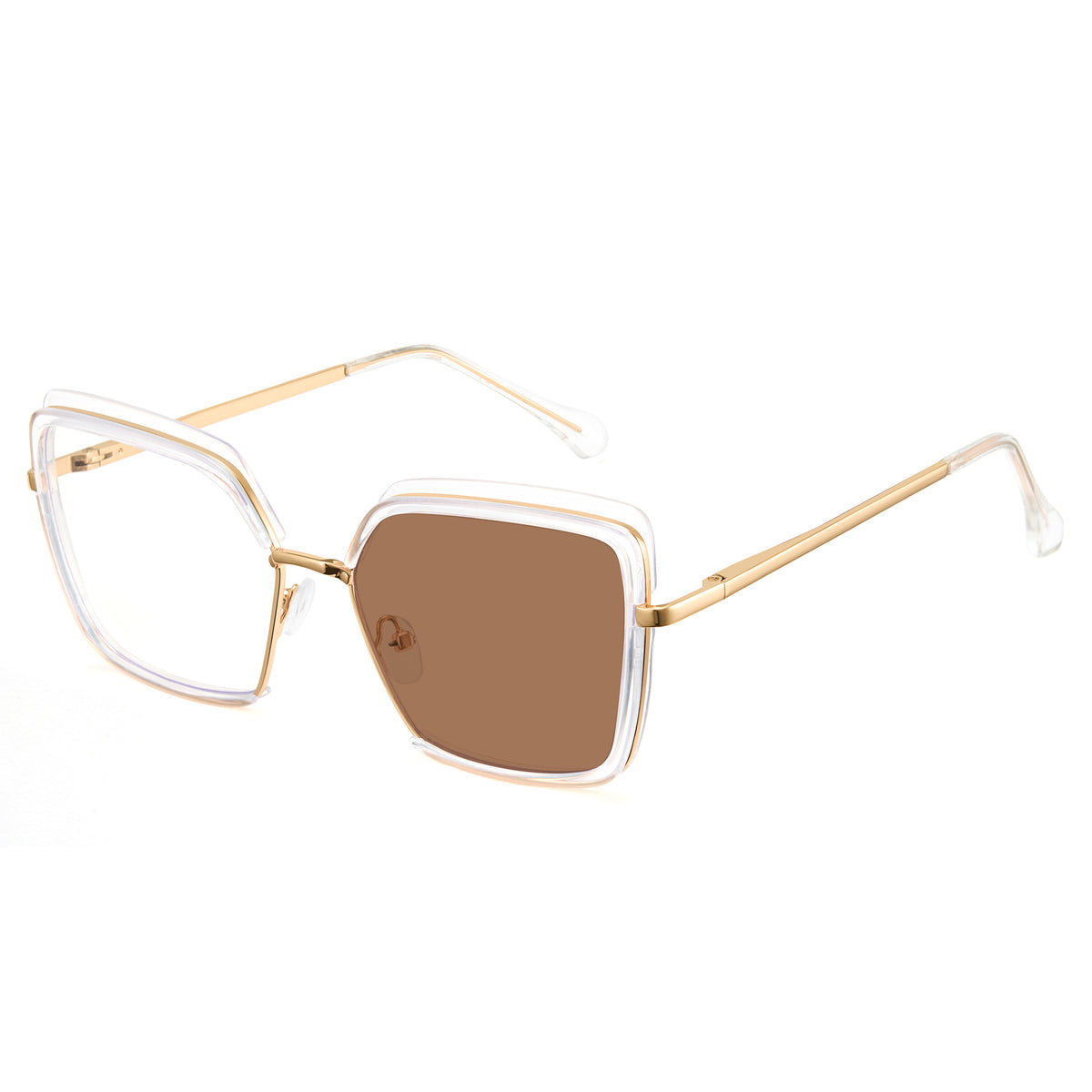Transparent oversized photochromic glasses, gold metal temples, clear to tea lens