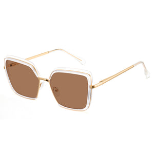 Transparent oversized photochromic glasses, gold metal temples, clear to tea lens