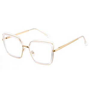 Transparent oversized photochromic glasses, gold metal temples, clear to tea lens