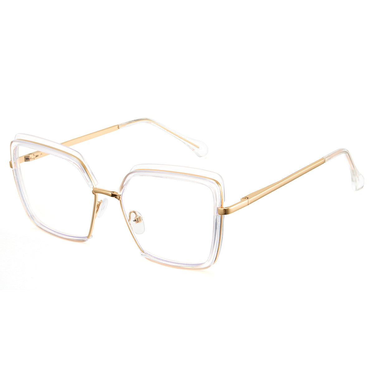 Transparent oversized photochromic glasses, gold metal temples, clear to tea lens