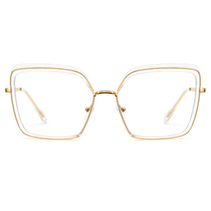 Transparent oversized photochromic glasses, gold metal temples, clear to tea lens