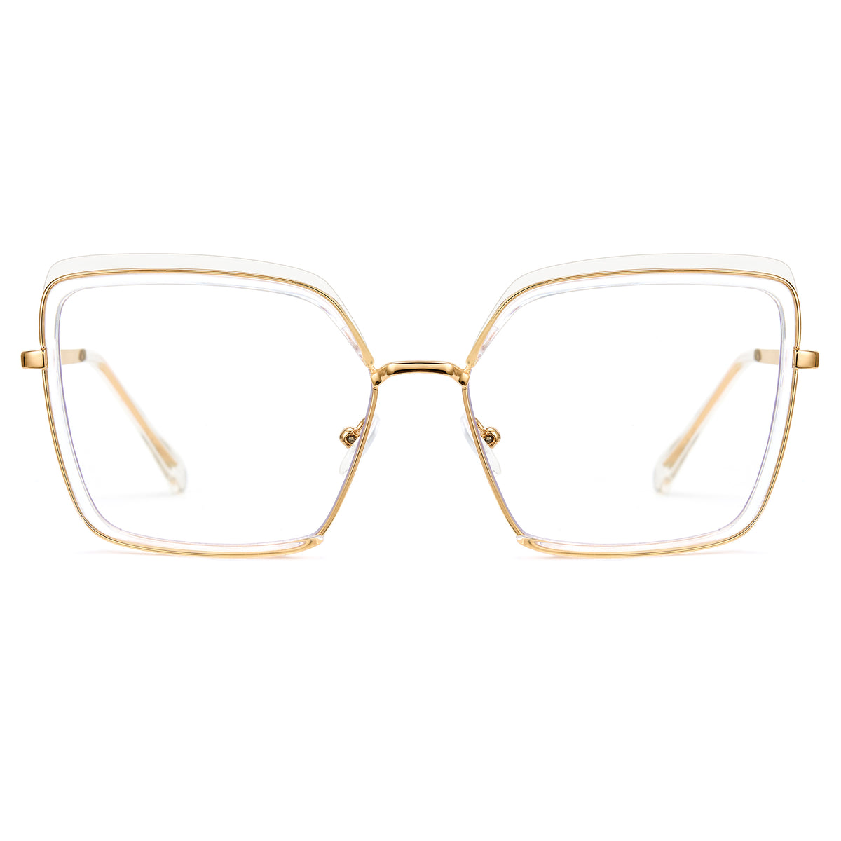 Transparent oversized photochromic glasses, gold metal temples, clear to tea lens
