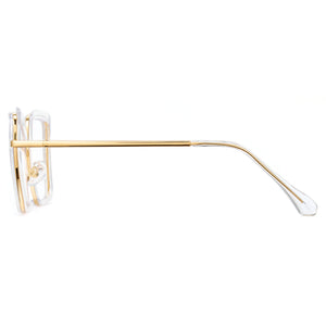Transparent oversized photochromic glasses, gold metal temples, clear to tea lens