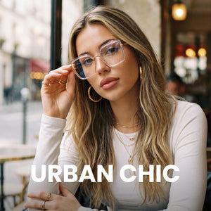 Transparent oversized photochromic glasses, gold metal temples, clear to tea lens