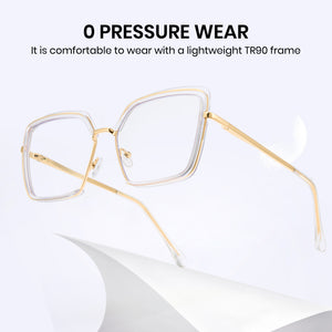 Transparent oversized photochromic glasses, gold metal temples, clear to tea lens