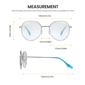 Measurement chart of round photochromic eyeglasses with dimensions labeled on a white background