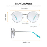 Measurement chart of round photochromic eyeglasses with dimensions labeled on a white background