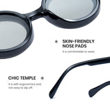 Black sunglasses with skin-friendly nose pads and chic temple design on a white background