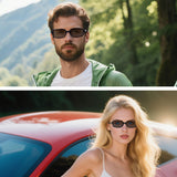 Two people wearing polarized sunglasses P1318 with a mountainous background and a car in the foreground.