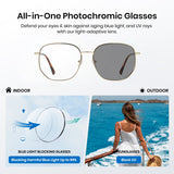 All-in-One Photochromic Glasses with text about blue light blocking and UV protection.