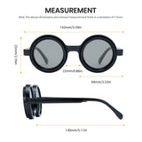 Measurement chart of round black sunglasses with dimensions labeled.