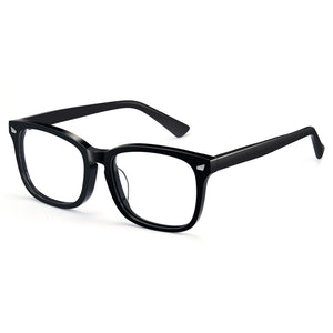 Glossy black rectangle anti-blue light glasses, acetate frame, white clear lens, minimalist computer eyewear