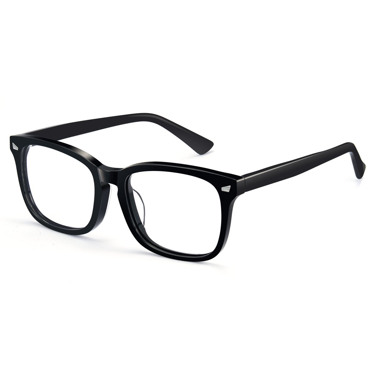 Glossy black rectangle anti-blue light glasses, acetate frame, white clear lens, minimalist computer eyewear