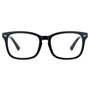 Glossy black rectangle anti-blue light glasses, acetate frame, white clear lens, minimalist computer eyewear