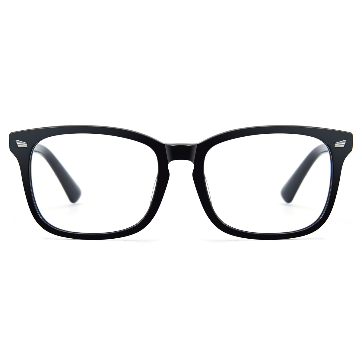Glossy black rectangle anti-blue light glasses, acetate frame, white clear lens, minimalist computer eyewear