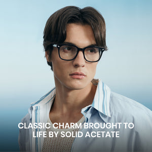 Glossy black rectangle anti-blue light glasses, acetate frame, white clear lens, minimalist computer eyewear
