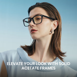 Glossy black rectangle anti-blue light glasses, acetate frame, white clear lens, minimalist computer eyewear