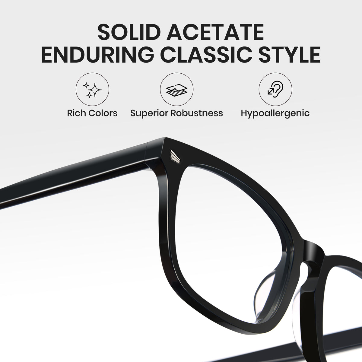 Glossy black rectangle anti-blue light glasses, acetate frame, white clear lens, minimalist computer eyewear