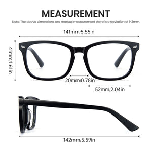 Glossy black rectangle anti-blue light glasses, acetate frame, white clear lens, minimalist computer eyewear