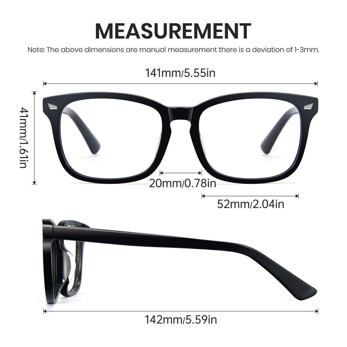 Glossy black rectangle anti-blue light glasses, acetate frame, white clear lens, minimalist computer eyewear
