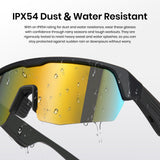 Water-resistant sunglasses with text highlighting IPX54 rating on a light gray background