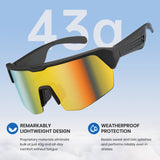 Sunglasses with reflective lenses on a light blue background, with a 43g weight