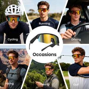 Collage of a man wearing sunglasses for various activities with text labels.