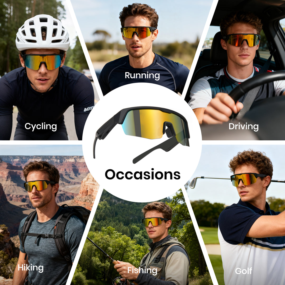Collage of a man wearing sunglasses for various activities with text labels.