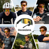 Collage of a man wearing sunglasses for various activities with text labels.