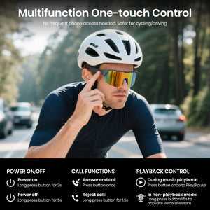 Man wearing a helmet and sunglasses with text about multifunctional one-touch control on a blurred road background